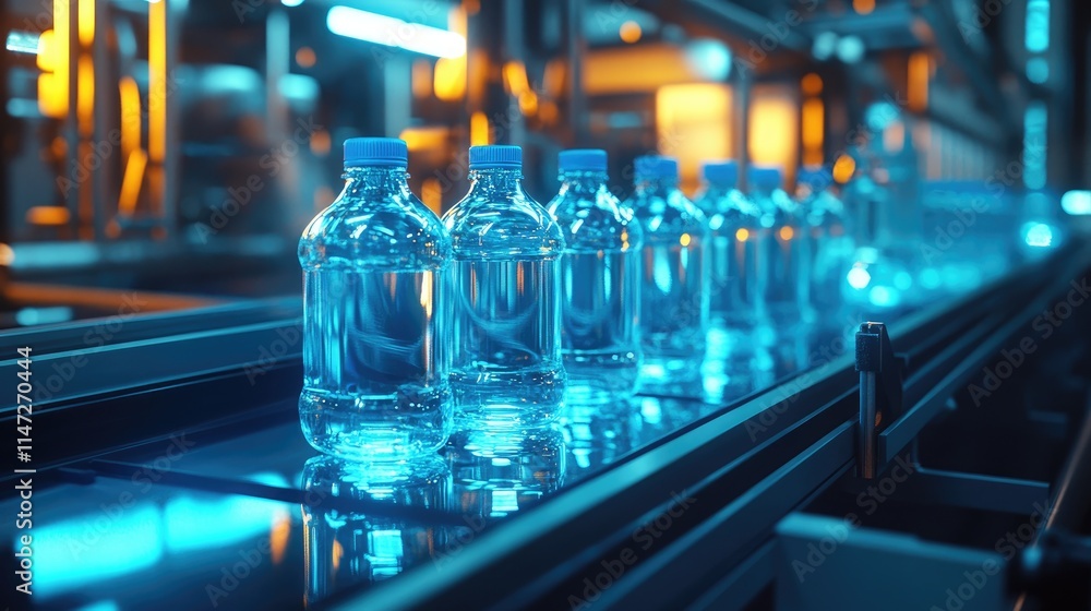Poster Clear water bottles with blue caps moving on a conveyor belt, illuminated by soft lighting in a modern factory setting, highlighting the precision and automation of the process