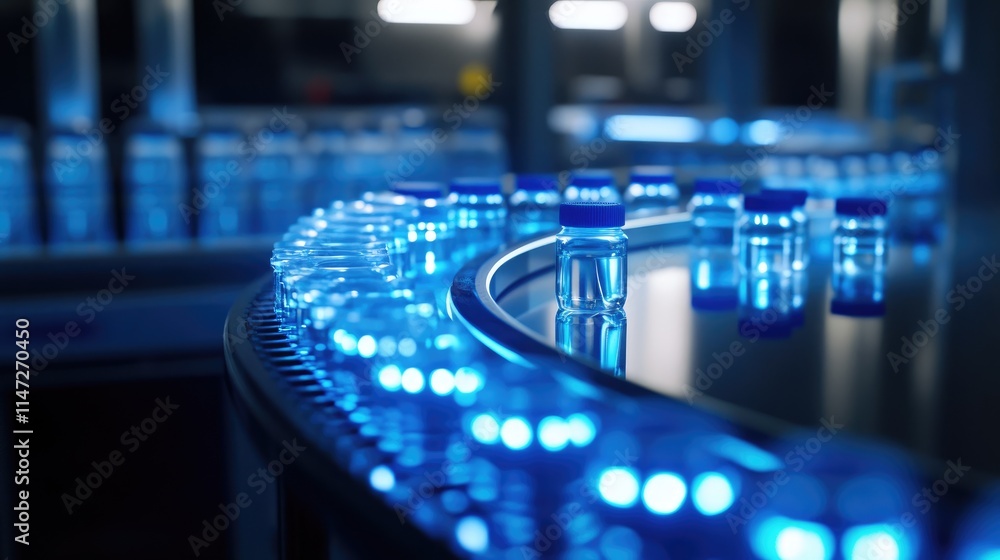 Aufkleber Clear water bottles with blue caps moving on a conveyor belt, illuminated by soft lighting in a modern factory setting, highlighting the precision and automation of the process