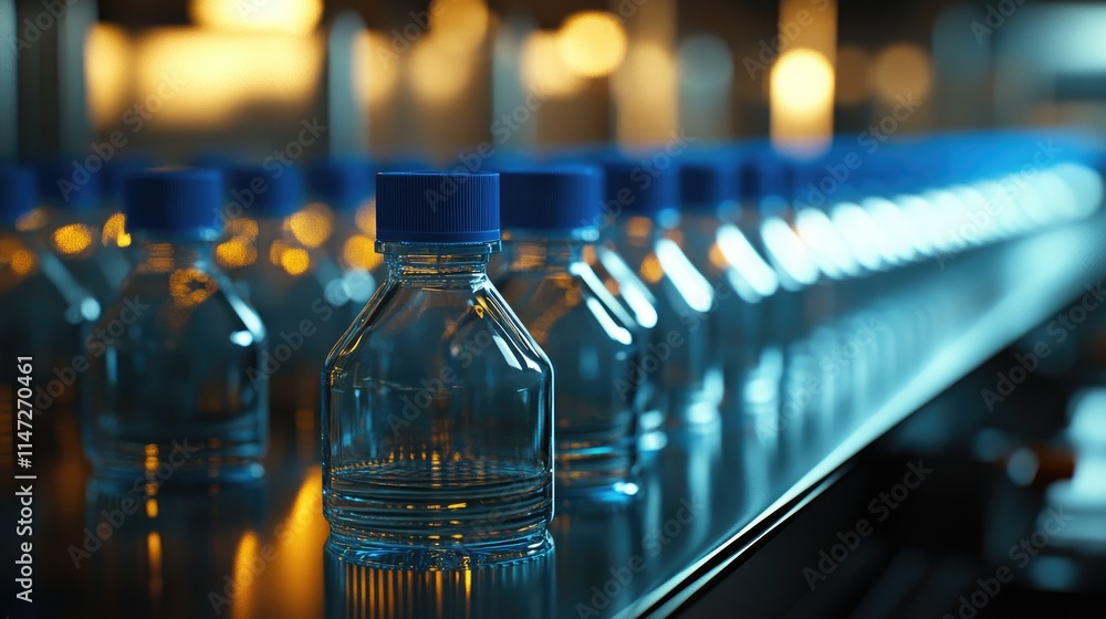 Poster clear water bottles with blue caps traveling along a factory assembly line, bathed in soft lighting,