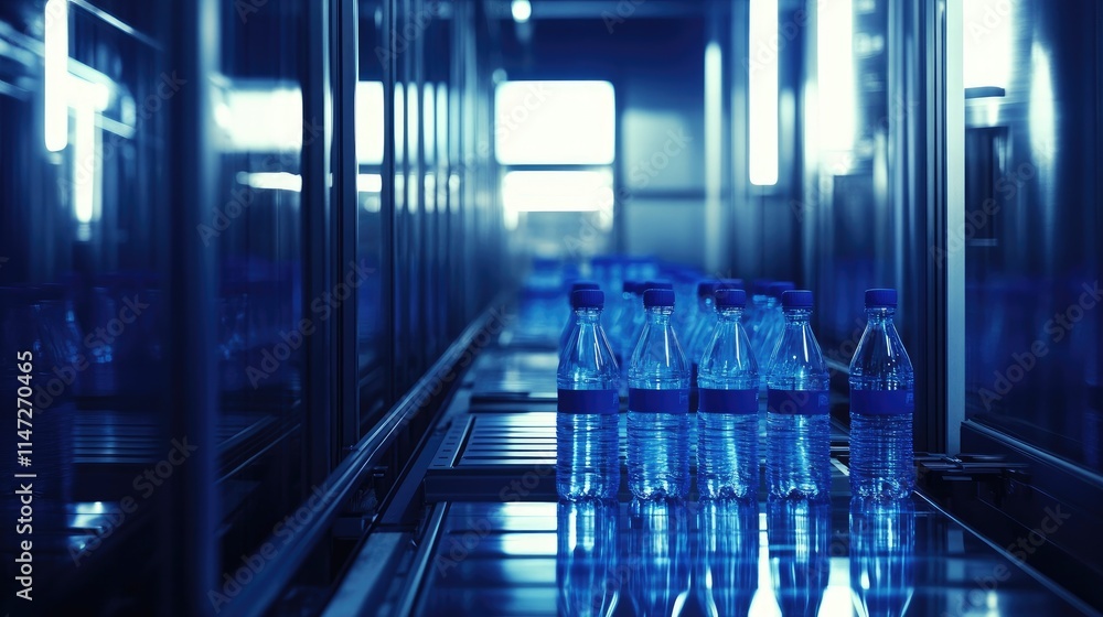Poster Clear water bottles with blue caps moving on a conveyor belt, illuminated by soft lighting in a modern factory setting, highlighting the precision and automation of the process