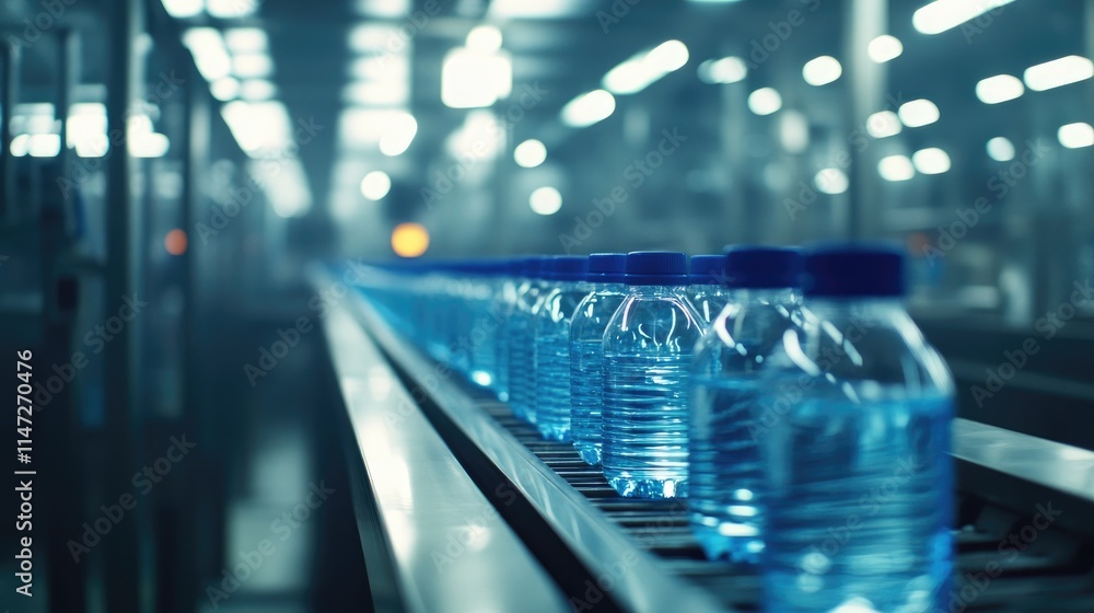 Poster clear water bottles with blue caps traveling along a factory assembly line, bathed in soft lighting,