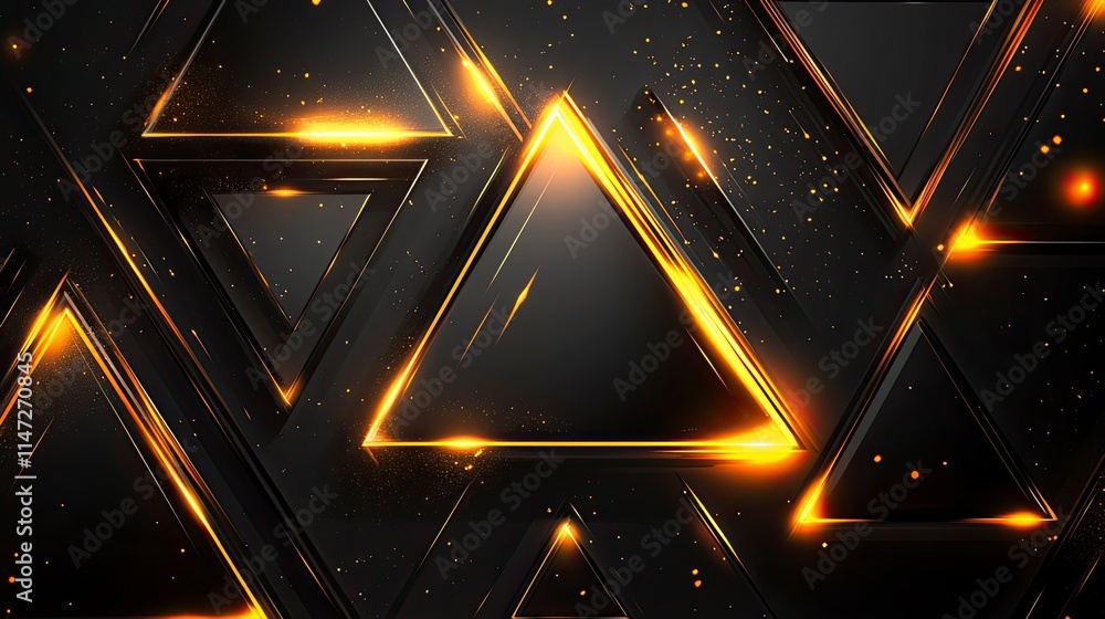 Poster abstract geometric background featuring luminous golden triangles on a dark surface with shimmering 