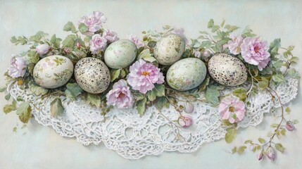 Obraz premium Delicate hand-painted Easter eggs surrounded by pink flowers on a lace background, perfect for spring decor and festivities.