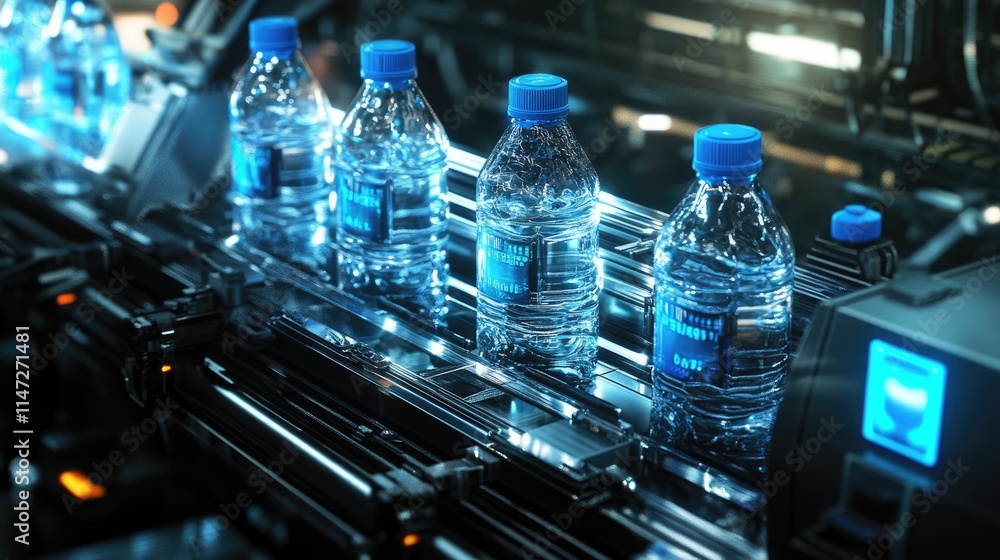 Poster crystal-clear water bottles with blue caps traveling down an automated assembly line under soft ligh