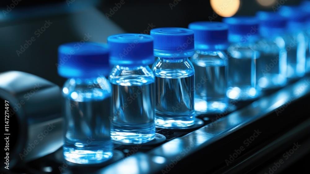 Poster crystal-clear water bottles with blue caps traveling down an automated assembly line under soft ligh