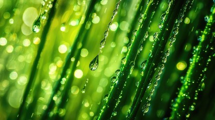 Detailed macro shot of water droplets sparkling on vibrant green cactus spines after a rare Sonoran Desert rainstorm, capturing the post-rain desert beauty