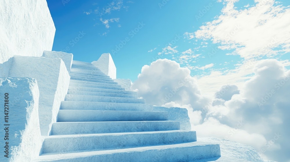 Poster endless white steps stretch into the serene blue sky, surrounded by soft clouds, evoking a peaceful 