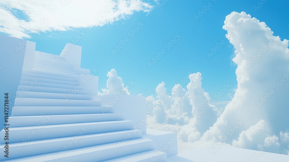 Poster endless white steps stretch into the serene blue sky, surrounded by soft clouds, evoking a peaceful 