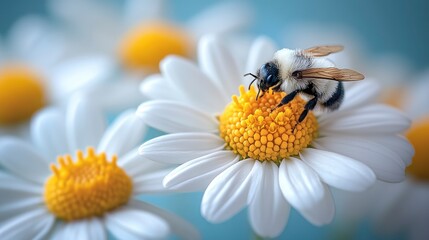 Obraz premium A bumblebee collecting nectar from the vibrant yellow center of a white daisy flower in a serene natural setting