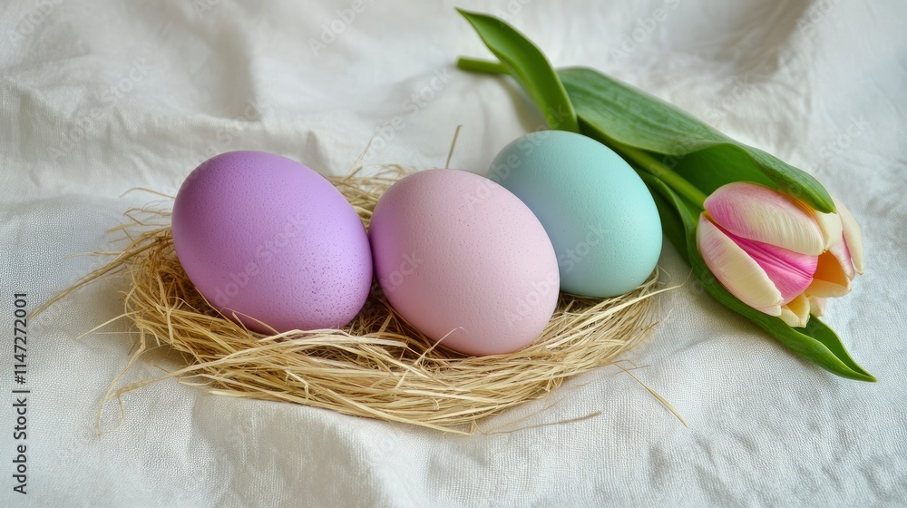 Poster three pastel colored eggs resting in a straw nest beside a delicate tulip on a soft fabric backgroun