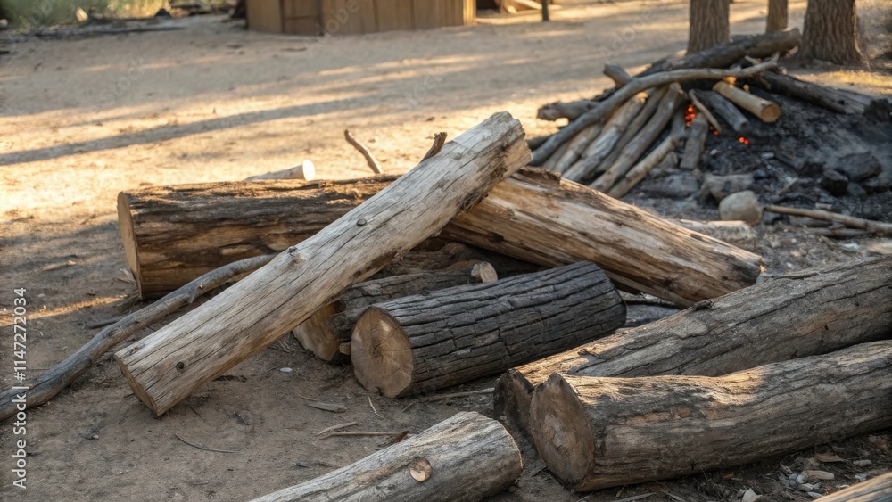 Poster a close-up of a pile of weathered logs and branches resting on the ground, with evidence of a recent
