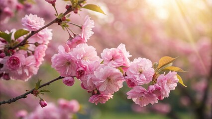 Obraz premium Delicate Pink Cherry Blossoms Gracefully Branch Out in the Soft Glow of a Sunlit Spring Day