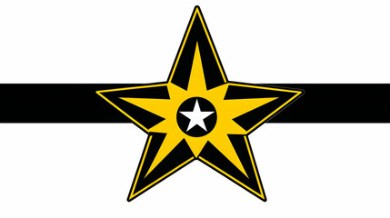 A stylized yellow star on a black and white background, possibly representing a brand or organization.