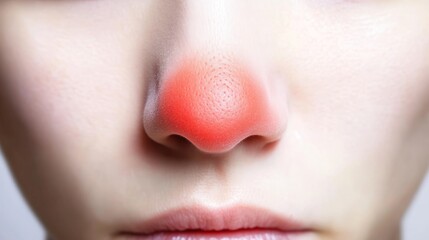 Fototapeta premium Close up of red irritated nose, emphasizing the discomfort and struggle of allergies or cold symptoms, highlighting the human vulnerability and resilience in the face of common ailments.