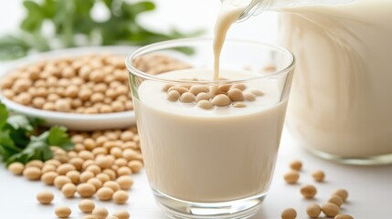 Soy milk being poured from a jug into a glass on a clean white table, highlighting the pure and fresh quality of this plant-based beverage