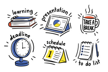 Work or school themed hand drawn doodle vector illustration set. Line art of books, tablet, mug, clock, calendar, and notebook. Learning, presentation, take a break, deadline, schedule, to do list.