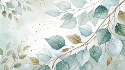 Watercolor Illustration of a Branch with Green and Blue Leaves on a White Background with Golden Glitter