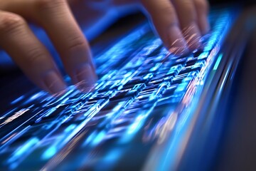 Close up of hands typing on a glowing keyboard. Concept of technology, digital, innovation.