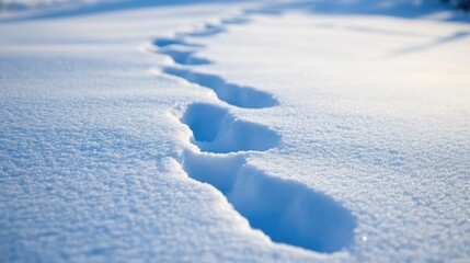Naklejka premium Traces in the snow leading through a vast, quiet winter landscape, conveying a sense of solitude and tranquility against the backdrop of untouched snow