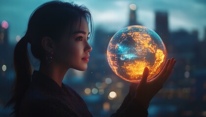 Naklejka premium Elegant businesswoman using a glowing 3D hologram of a digital globe, hightech interface floating around her, blurred urban skyline backdrop, cinematic lighting