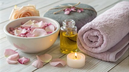 Aromatic Spa Essentials Rose Petals, Oil, Candle, and Rolled Towel on a White Wooden Surface