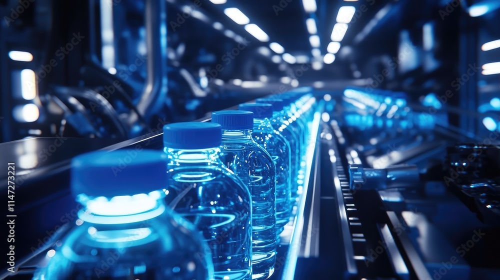 Poster Water bottles with blue caps traveling through an automated assembly line under soft lighting, capturing the streamlined motion and clean design of production