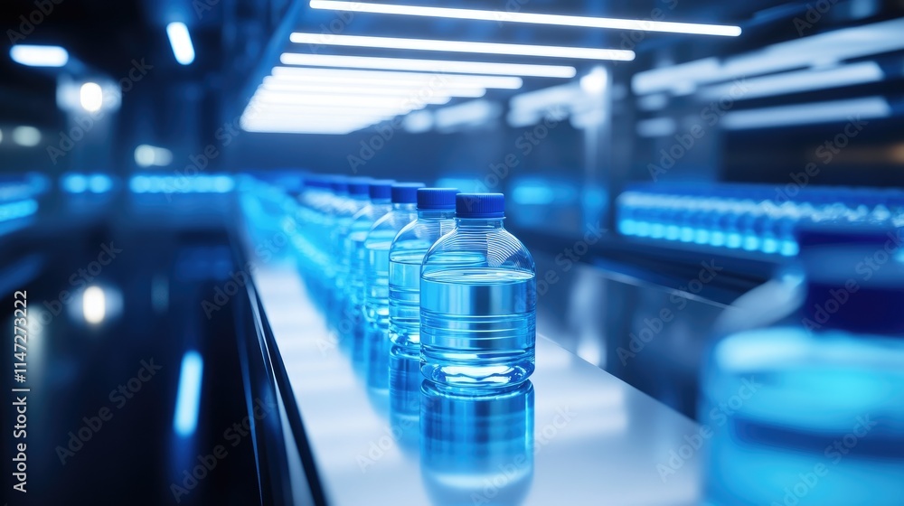 Poster Water bottles with blue caps traveling through an automated assembly line under soft lighting, capturing the streamlined motion and clean design of production