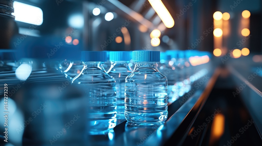 Poster Water bottles with blue caps traveling through an automated assembly line under soft lighting, capturing the streamlined motion and clean design of production