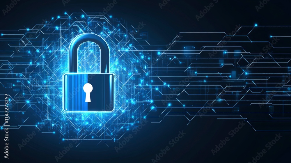 Poster digital security concept featuring a glowing lock symbolizing cybersecurity protection and data priv
