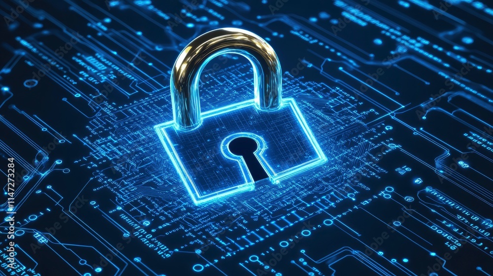Poster digital security concept featuring a glowing padlock on a blue technological circuit background repr