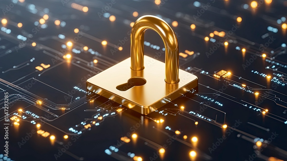 Poster golden padlock symbolizing cybersecurity and data protection amidst a dark, digital circuit board ba