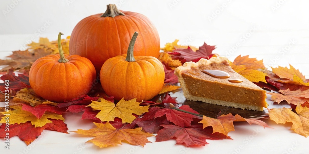 Poster a slice of pumpkin pie with a drizzle of maple syrup, nestled amongst colorful autumn leaves and min