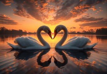 Fototapeta premium Romantic Swans at Sunset: A Serene Lake Reflection