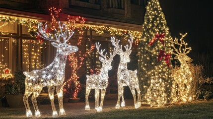 Festive outdoor display of illuminated reindeer and a glowing Christmas tree adorning a cozy home during the holiday season