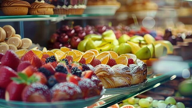 Muted colors of pastries and fruits blending together in a hazy brunch display