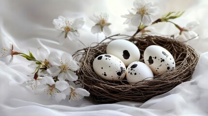 Obraz premium Elegant nest of speckled eggs adorned with delicate white blossoms on soft fabric, symbolizing new beginnings and nature's beauty.