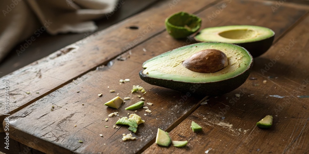 Poster A half-eaten avocado rests on a rustic wooden table with scattered avocado pieces around it, creating a still life of simple nourishment and a reminder of a recent culinary delight.