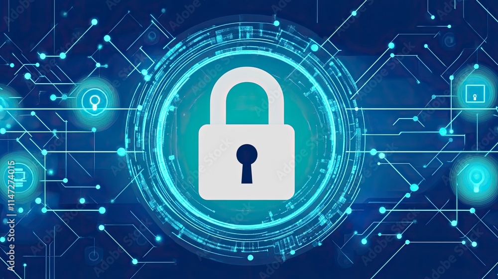 Poster a visually striking digital security concept featuring a central lock icon amidst a network of glowi