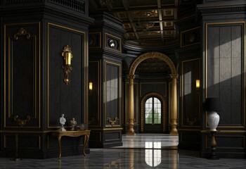 Fototapeta premium Opulent Black and Gold Interior Design: A Grand Hall with Gilded Accents and Marble Flooring
