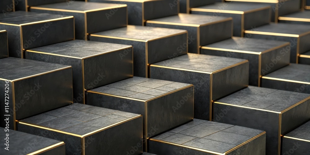 Poster a minimalist abstract composition featuring stacked black cubes with golden edges, emphasizing geome