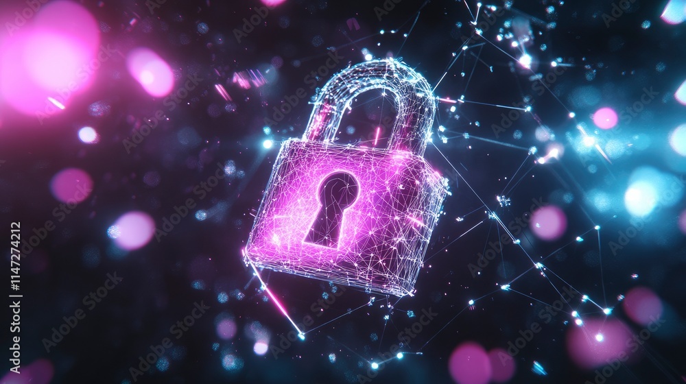 Poster digital illustration of a glowing lock symbolizing security and data protection in a futuristic, abs