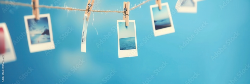 Leinwandbilder polaroid pictures displaying memories attached to a string with clothespins against a vibrant blue b