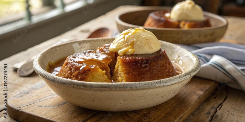 Poster a close-up of a creamy, decadent dessert topped with a scoop of vanilla ice cream and a drizzle of c