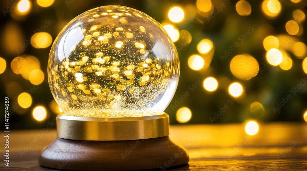 Poster elegant and sparkling snow globe with golden lights and soft bokeh in the background, ideal for fest