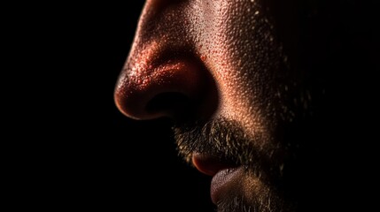 Obraz premium Close up of red irritated nose, emphasizing the discomfort and struggle of allergies or cold symptoms, highlighting the human vulnerability and resilience in the face of common ailments.