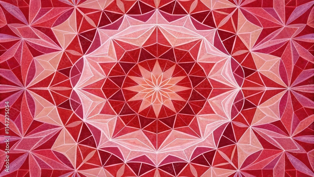 Poster intricate geometric pattern with a central starburst and a repeating design of red and pink triangle