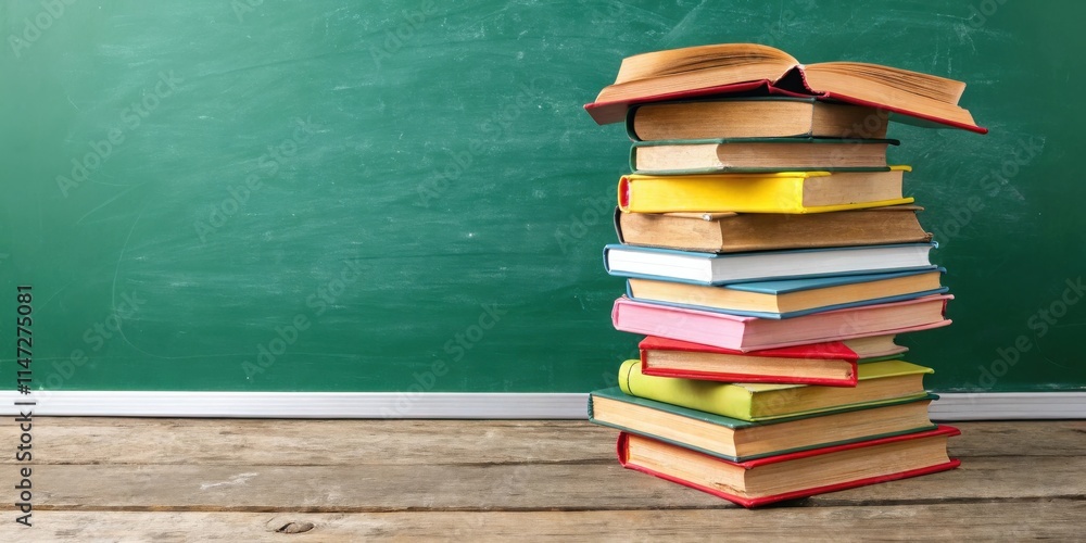 Aufkleber A Stack of Colorful Books Resting in Front of a Green Chalkboard, Representing Knowledge and Education