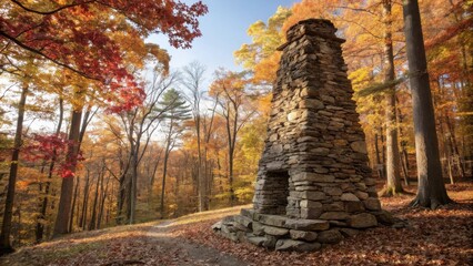 A stone fireplace stands tall in a forest of vibrant autumn foliage, bathed in the warm glow of sunlight.