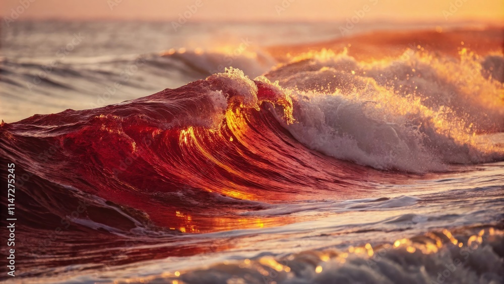 Poster a wave crashing onto the shore, illuminated by the golden light of the setting sun, casting a warm g