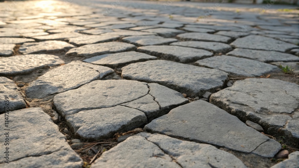 Poster A close-up view of a cobblestone path bathed in the warm glow of the setting sun, showcasing the intricate details and textures of the weathered stones.